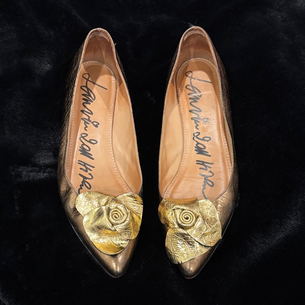 Lanvin Metallic Flats with Gold Floral Accent